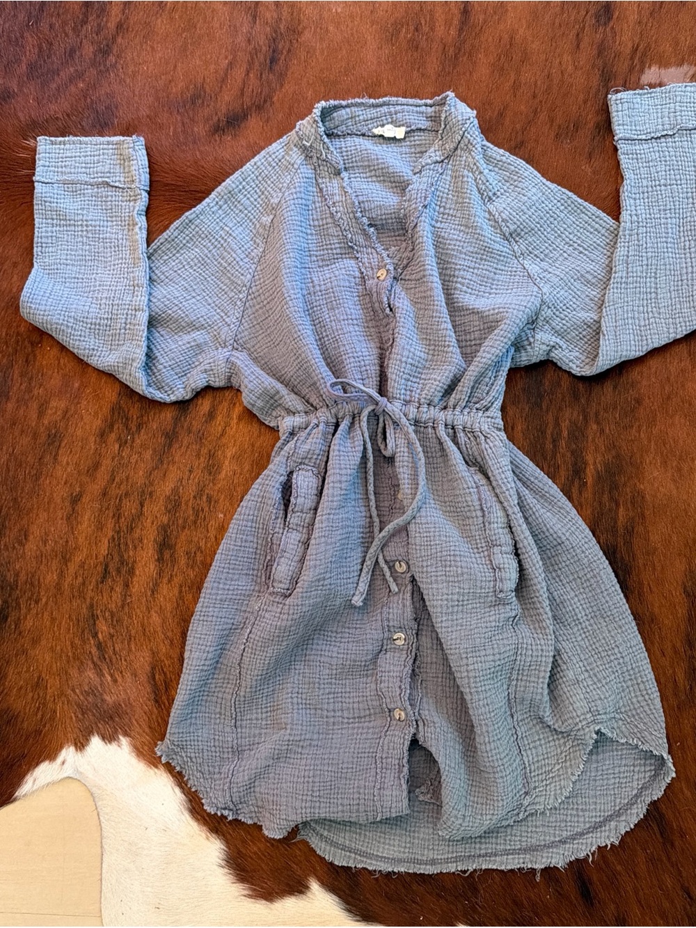 LA MIEL Light Blue Gauze Button-Front Kids Dress with Drawstring
